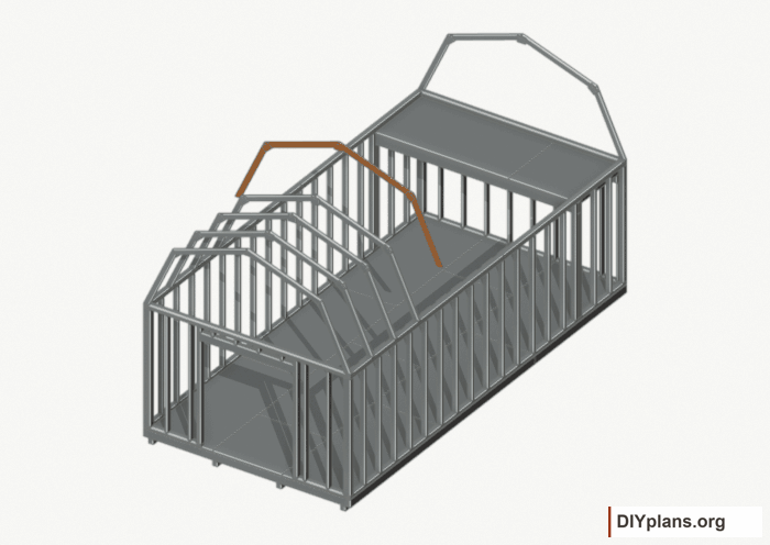 Raise the intermediate 4 roof frame. Current components orange; earlier work gray. Movement.