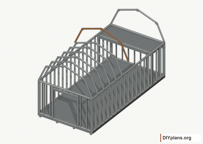 Raise the intermediate 6 roof frame. Current components orange; earlier work gray. Movement.