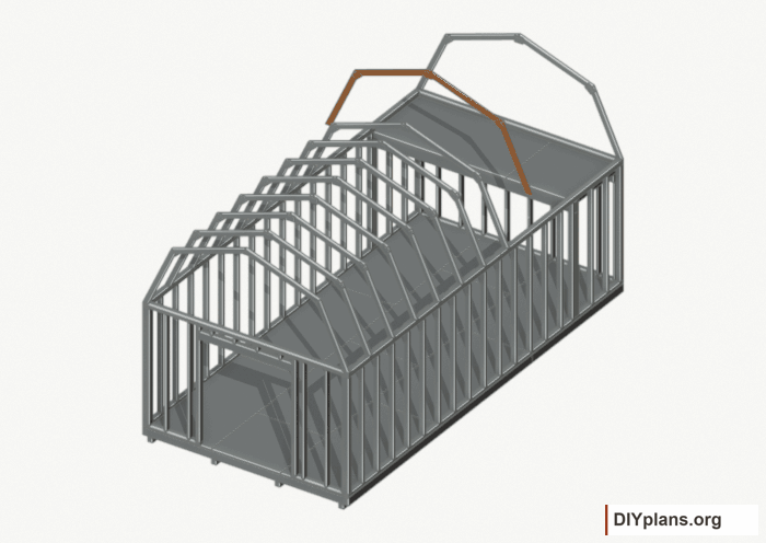 Raise the intermediate 8 roof frame. Current components orange; earlier work gray. Movement.