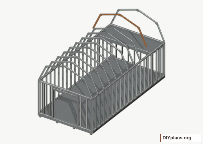 Raise the intermediate 9 roof frame. Current components orange; earlier work gray. Movement.