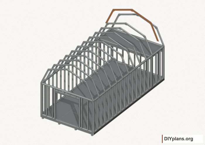 Raise the intermediate 11 roof frame. Current components orange; earlier work gray. Movement.
