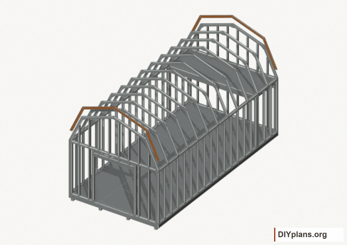 Fit the inner end rafters. Current components orange; earlier work gray. Movement.