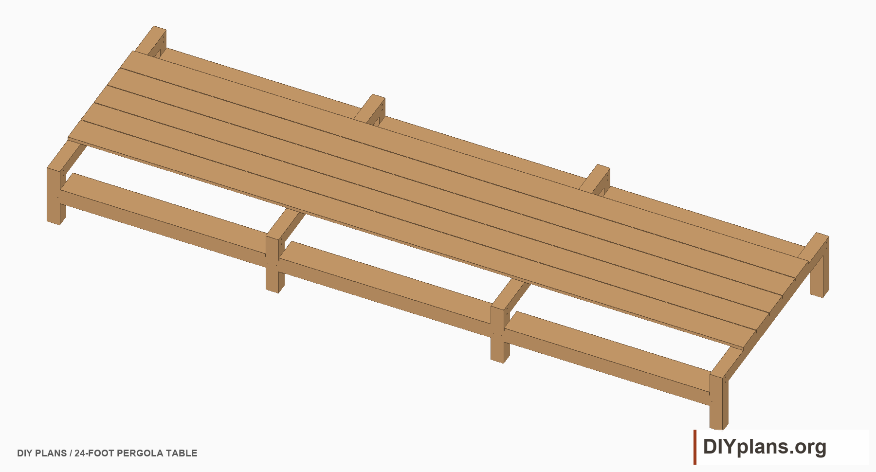 Full-size pergola table: five continuous top planks and six inset seats.