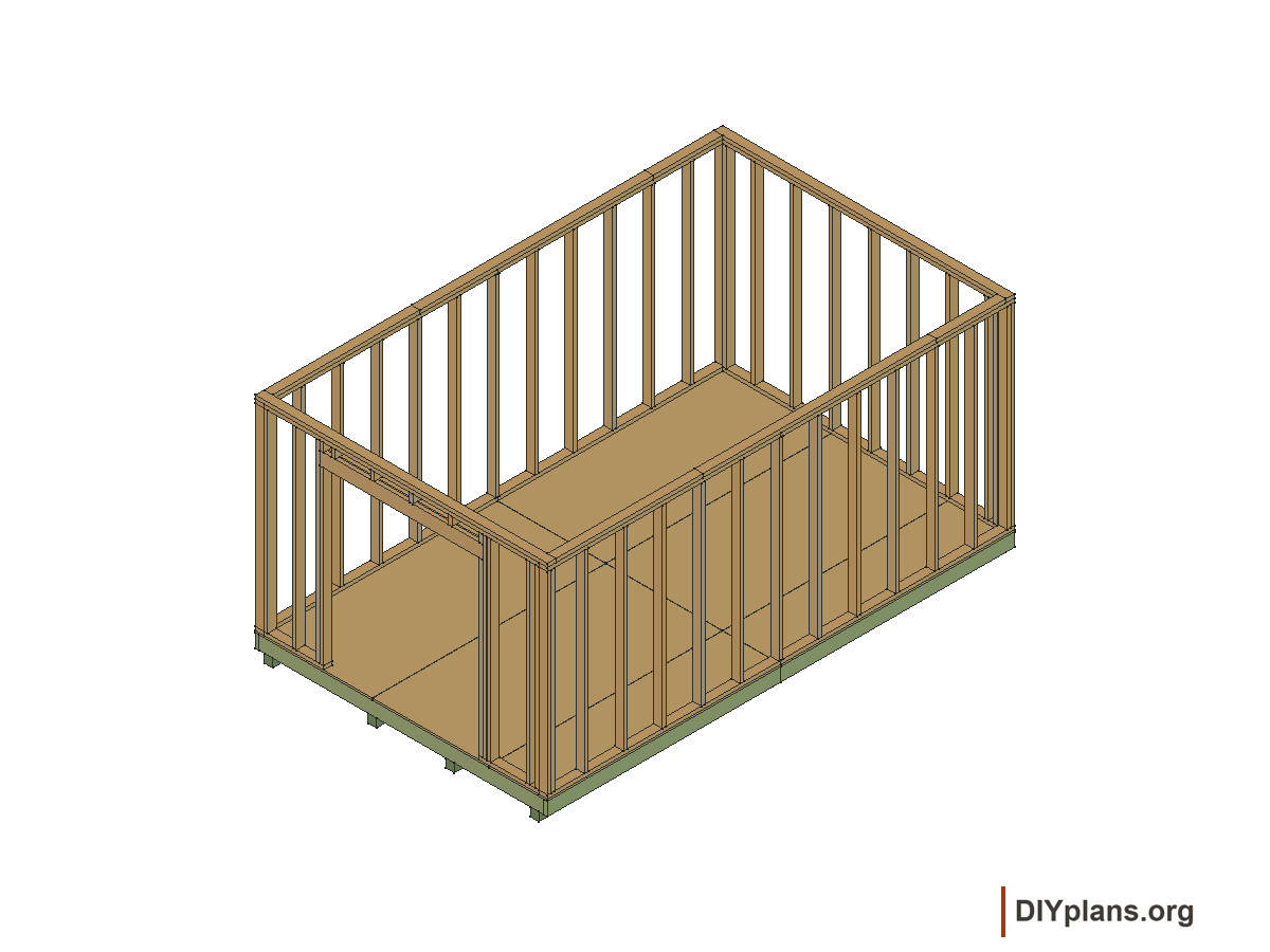 10 by 16 foot gambrel shed, four walls joined at the corners