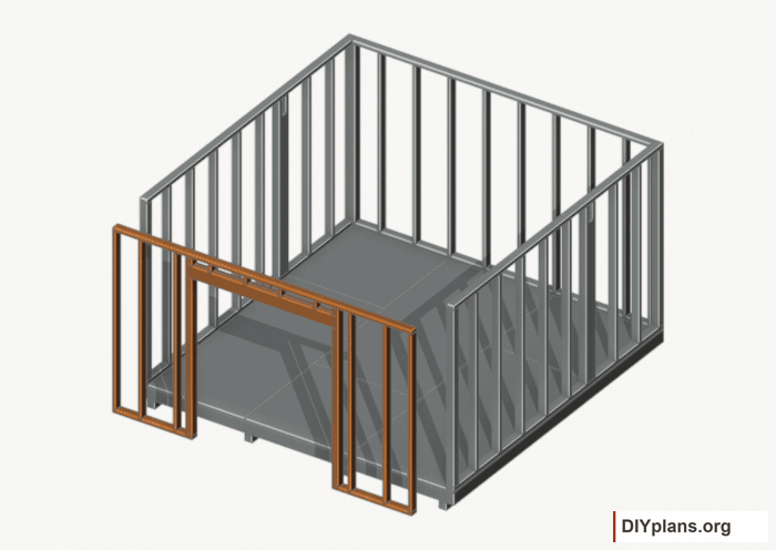 Assemble and raise the front wall. Current components orange; earlier work gray. Movement.