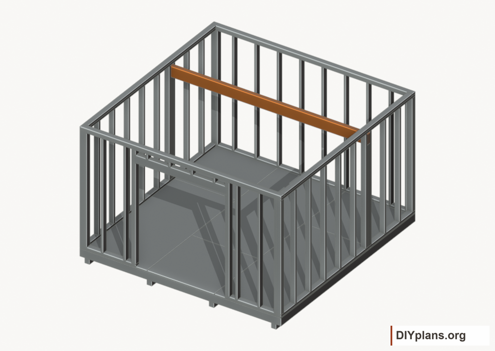 Seat the wall-supported loft beam. Current components orange; earlier work gray.