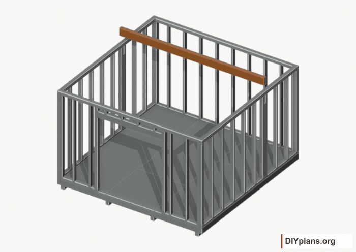 Seat the wall-supported loft beam. Current components orange; earlier work gray. Movement.