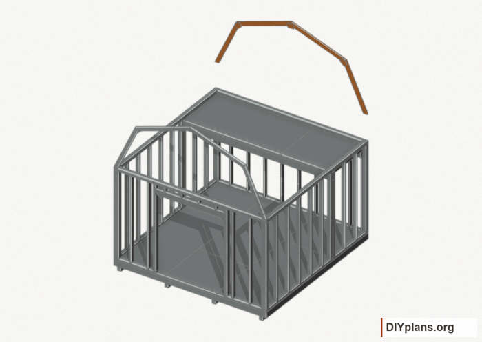 Raise the rear end roof frame. Current components orange; earlier work gray. Movement.