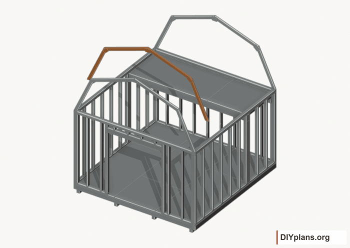 Raise the intermediate 1 roof frame. Current components orange; earlier work gray. Movement.