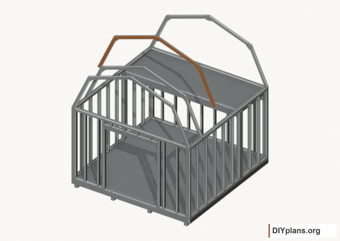 Raise the intermediate 2 roof frame. Current components orange; earlier work gray. Movement.