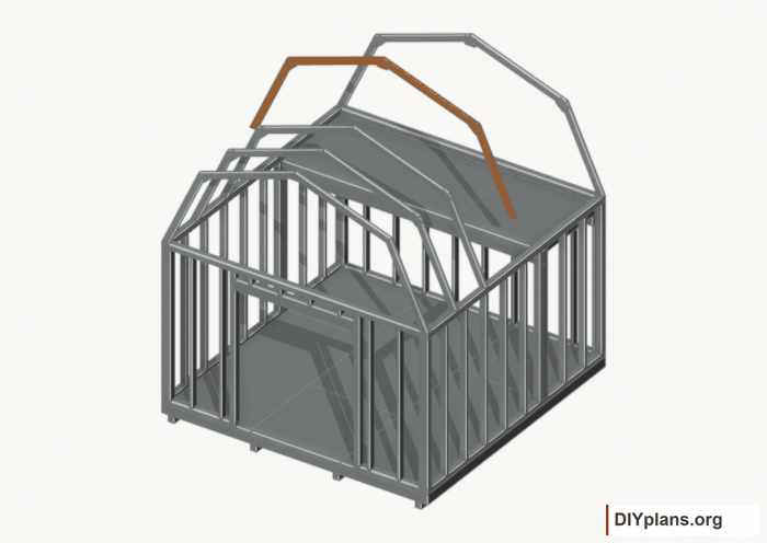 Raise the intermediate 3 roof frame. Current components orange; earlier work gray. Movement.