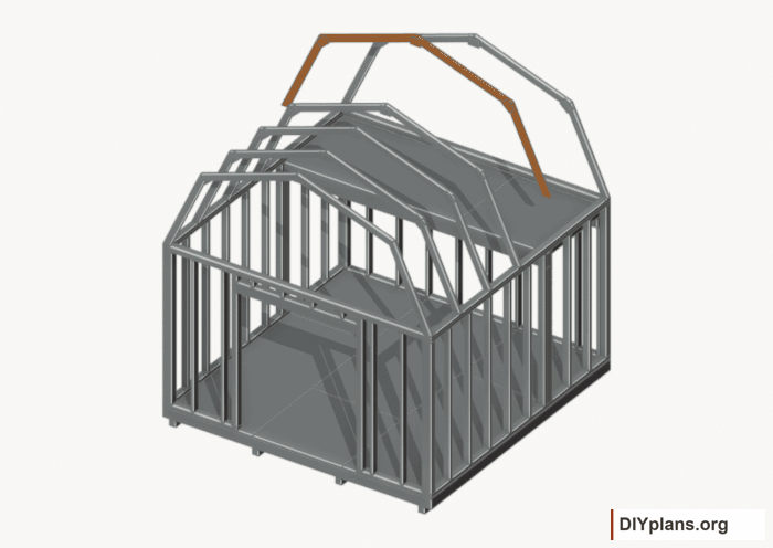Raise the intermediate 4 roof frame. Current components orange; earlier work gray. Movement.