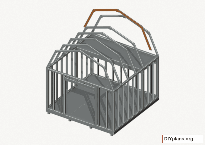 Raise the intermediate 5 roof frame. Current components orange; earlier work gray. Movement.