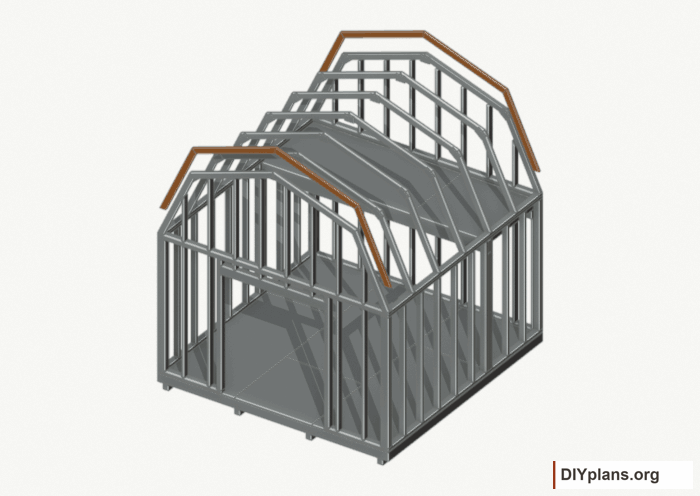 Fit the inner end rafters. Current components orange; earlier work gray. Movement.