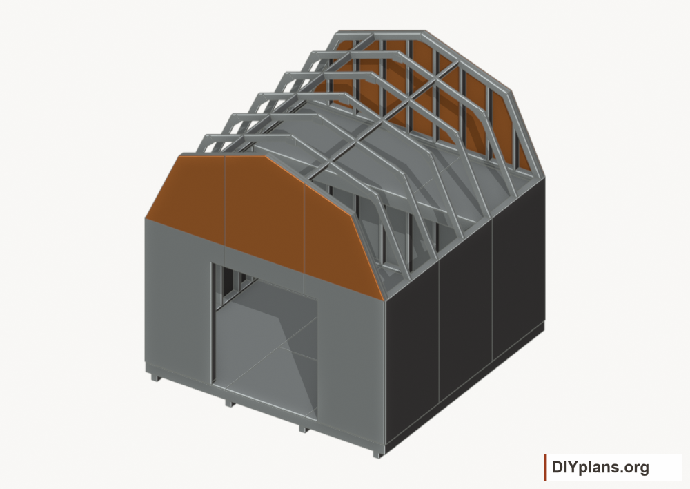 Fit the gable siding panels. Current components orange; earlier work gray.