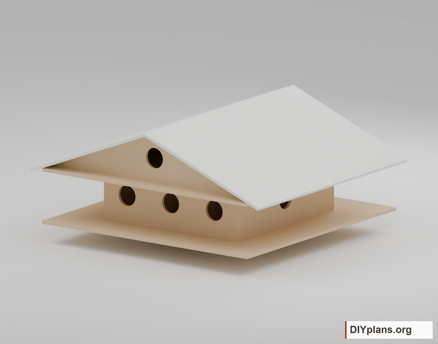One-level birdhouse with a pitched roof and round entrances.