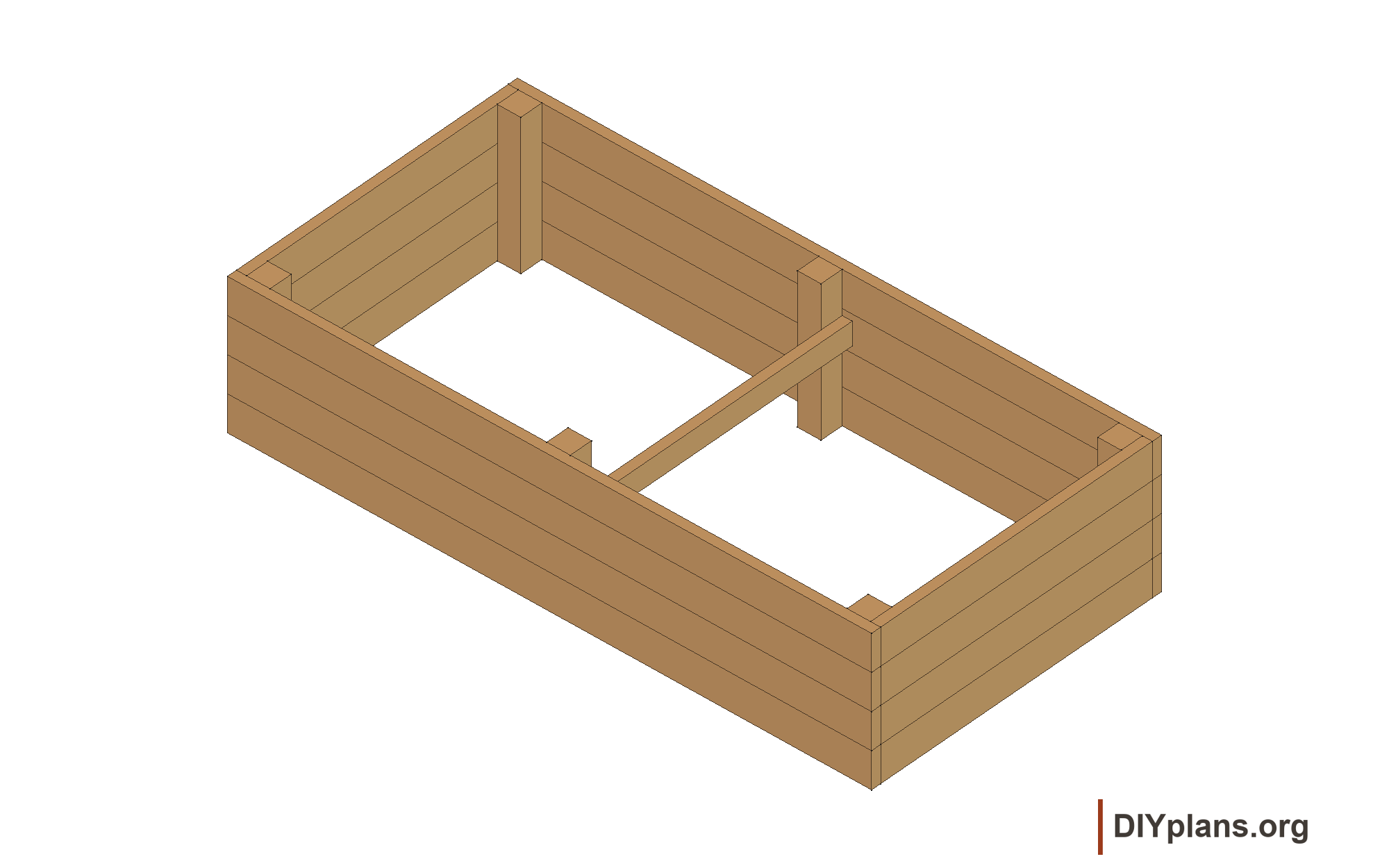 Direct CAD rendering of the four-course cedar bed with six inside posts and a center tie.