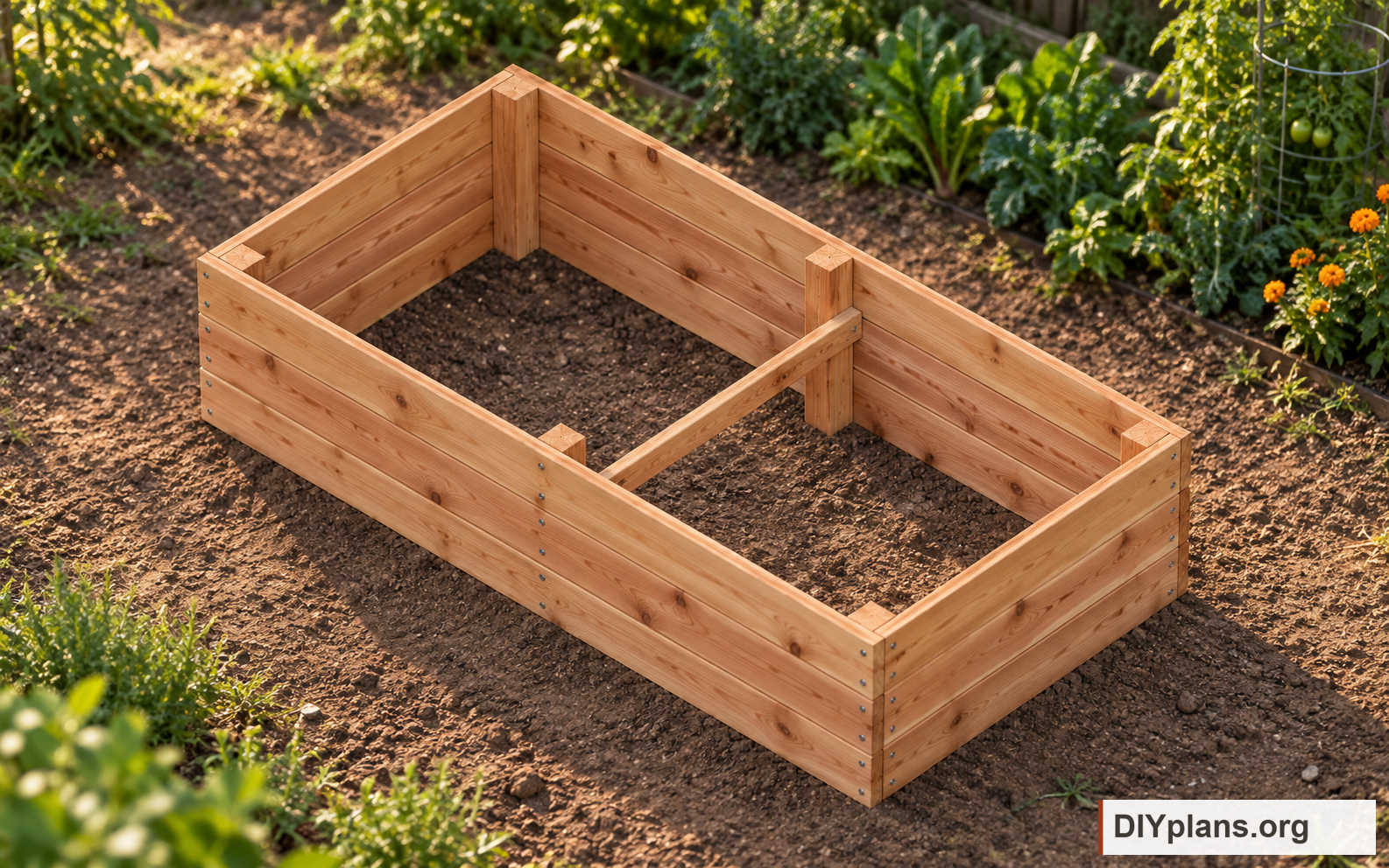 CAD-grounded illustration of the cedar raised bed standing empty in a garden. AI-generated image grounded in CAD. For inspiration; follow the plans.