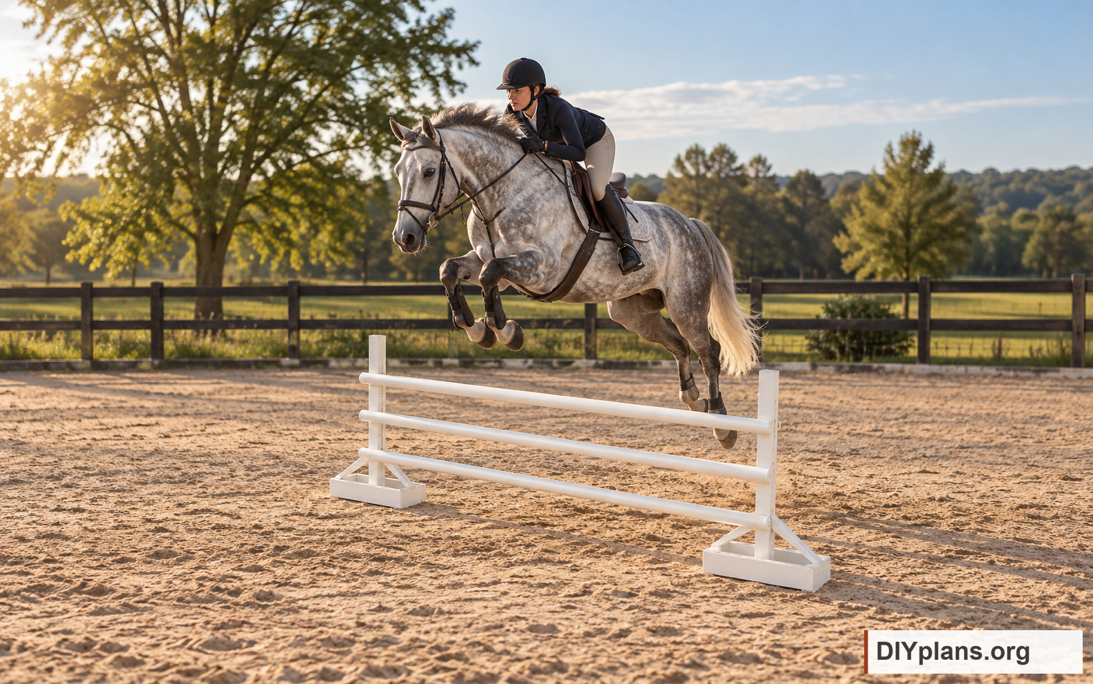 A horse and rider clearing the white rail jump in an arena. AI Generated from CAD files for inspiration
