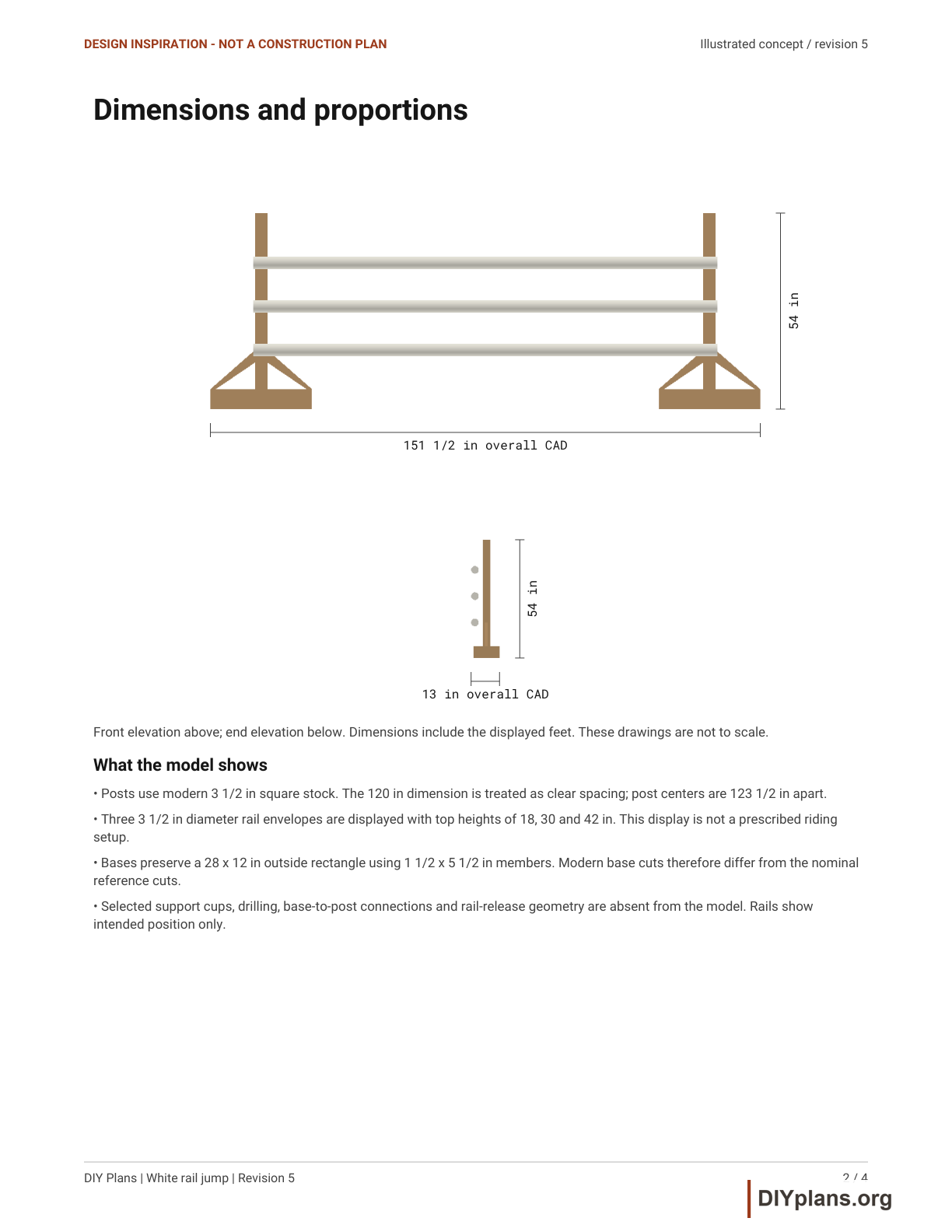 White rail jump front and end elevations with illustrated dimensions