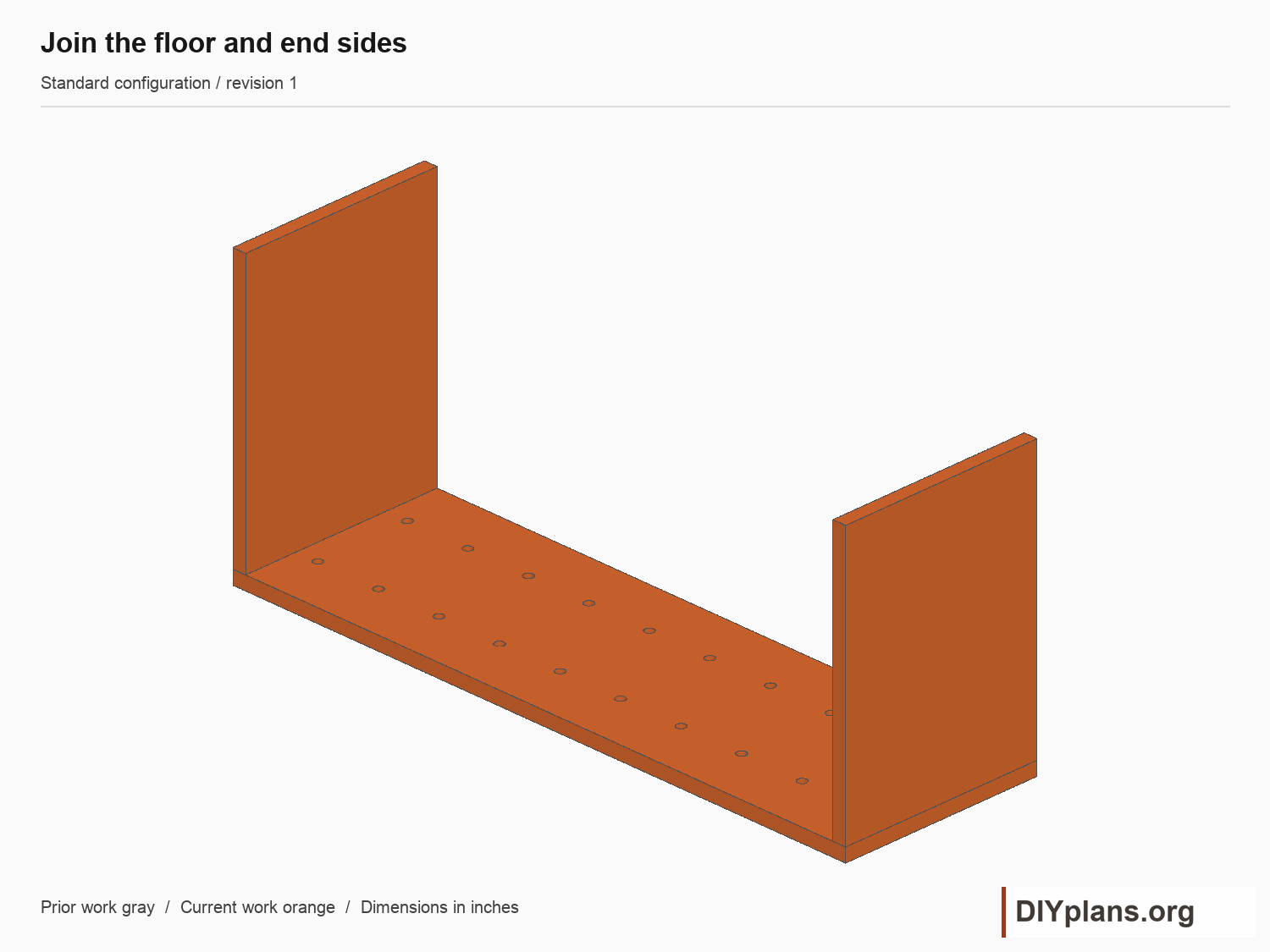 Join the floor and end sides. Current parts shown orange; future parts omitted.