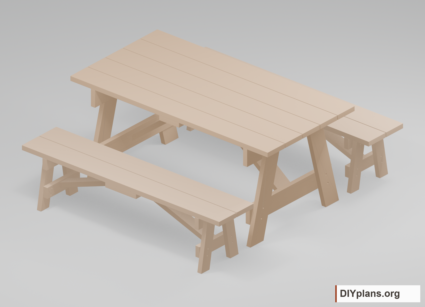 Six-foot wooden table with two separate movable benches.