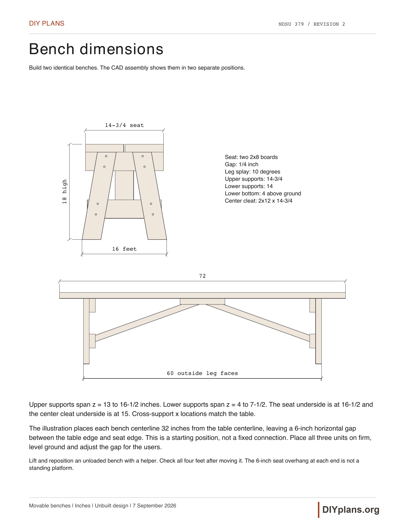 Dimensioned end and side views of a freestanding bench.
