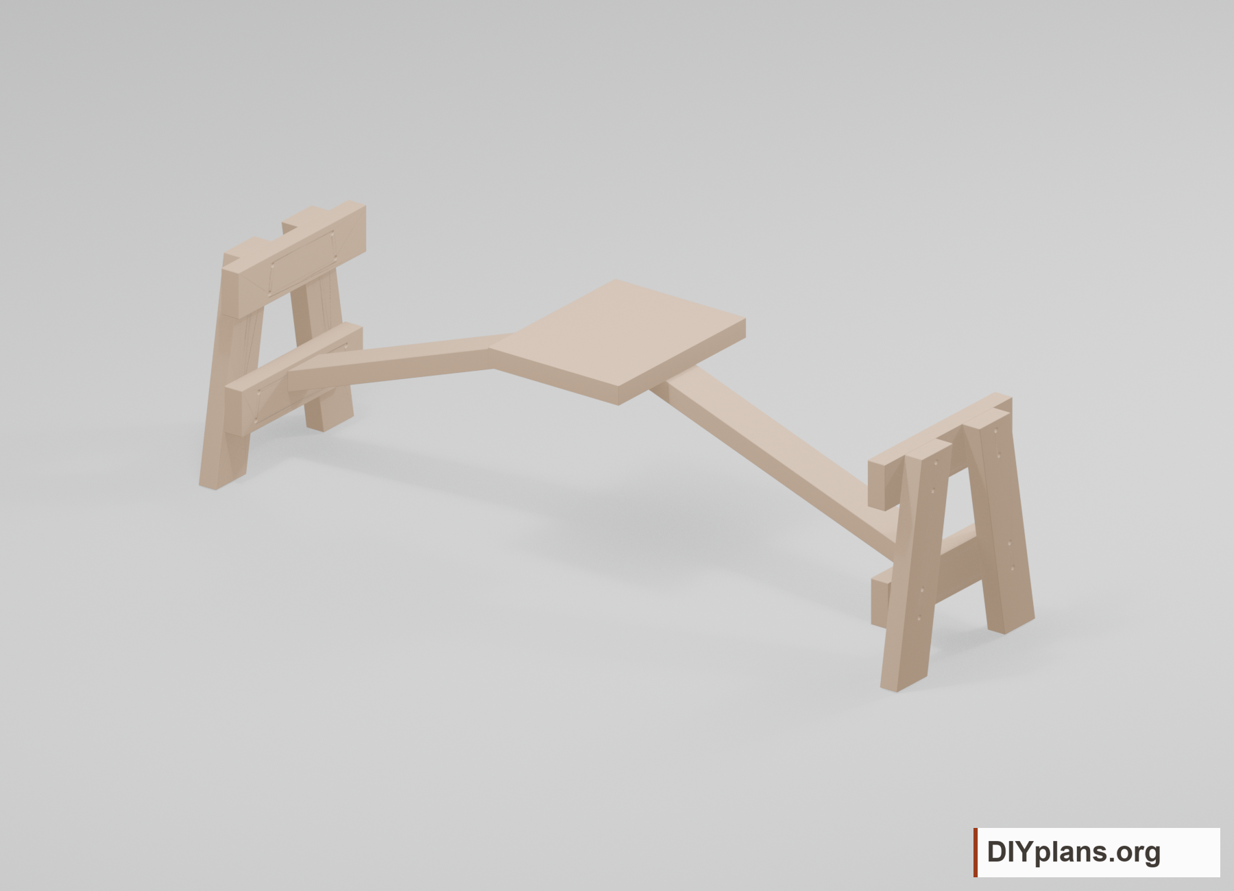 Bench end frames joined by two diagonal braces bearing beneath a wide center cleat.