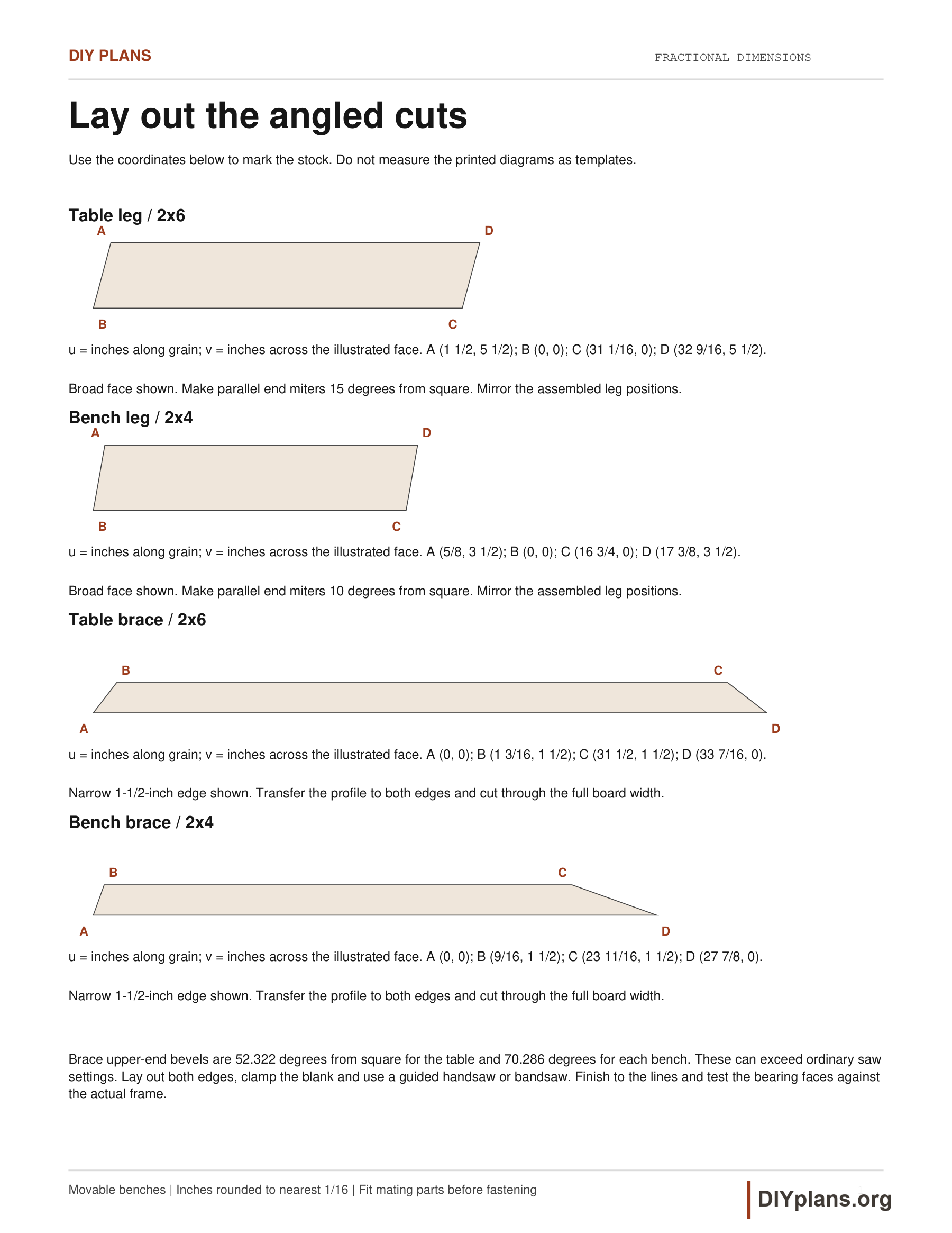 Labeled leg and brace profiles with cutting coordinates and bevel instructions.