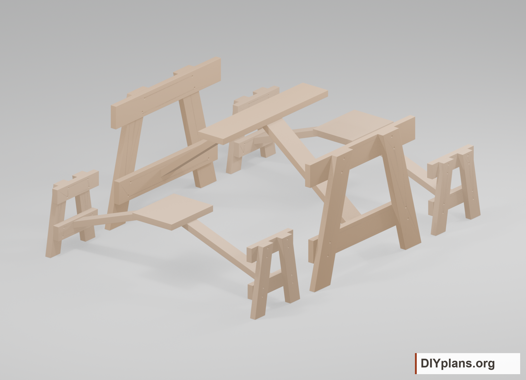 Table and two bench frames with surface boards hidden, exposing independent legs and V braces.