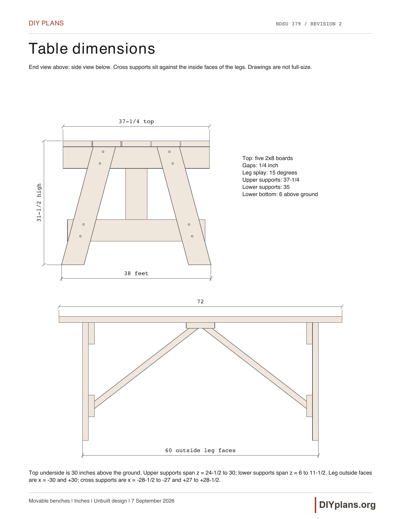 Dimensioned end and side views of the table.