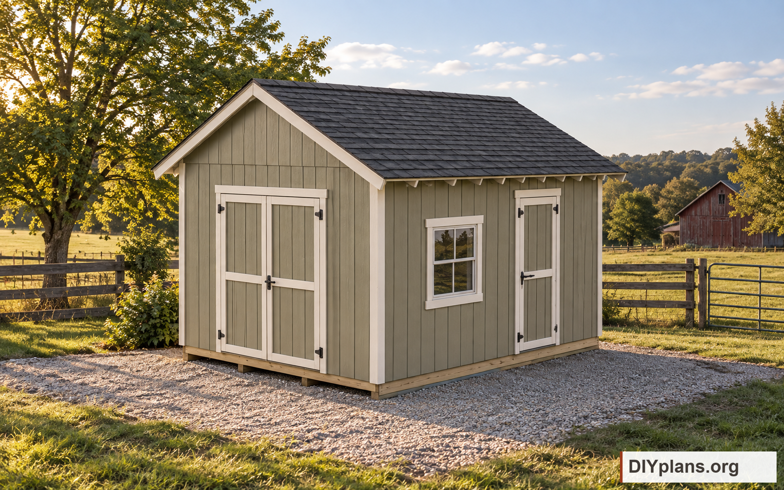 The shed with side window and door on a gravel pad beside a farm pasture. AI Generated from CAD files for inspiration