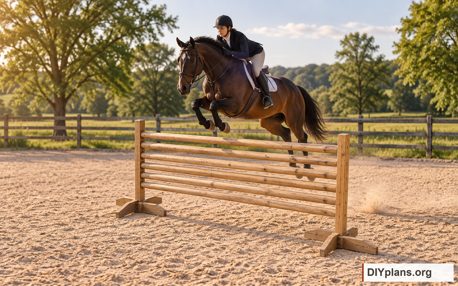 A horse and rider clearing the natural timber rail jump. AI Generated from CAD files for inspiration