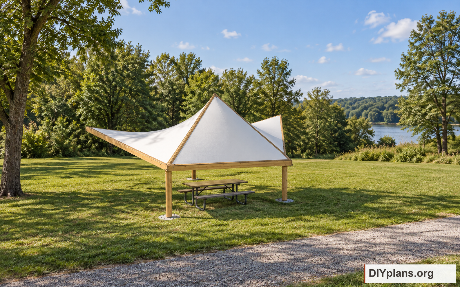 The saddle-roof picnic shelter in a grassy outdoor gathering space. AI Generated from CAD files for inspiration