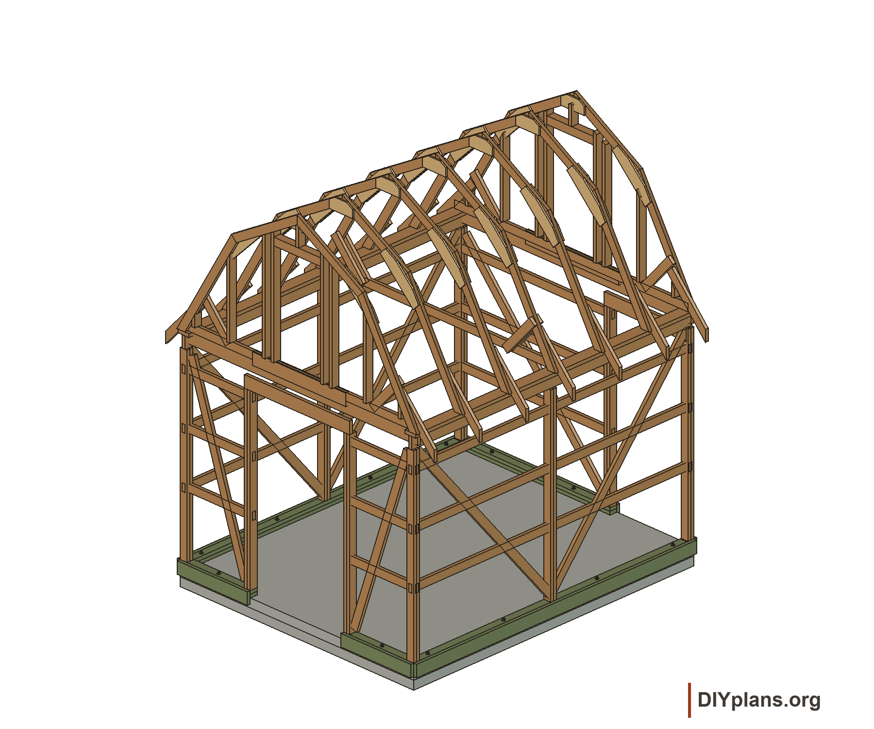 Preserved wall and roof framing: seven roof frames and three crossties.