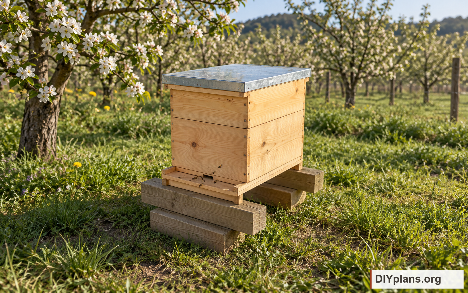 A ten-frame beehive at the edge of a flowering orchard. AI Generated from CAD files for inspiration