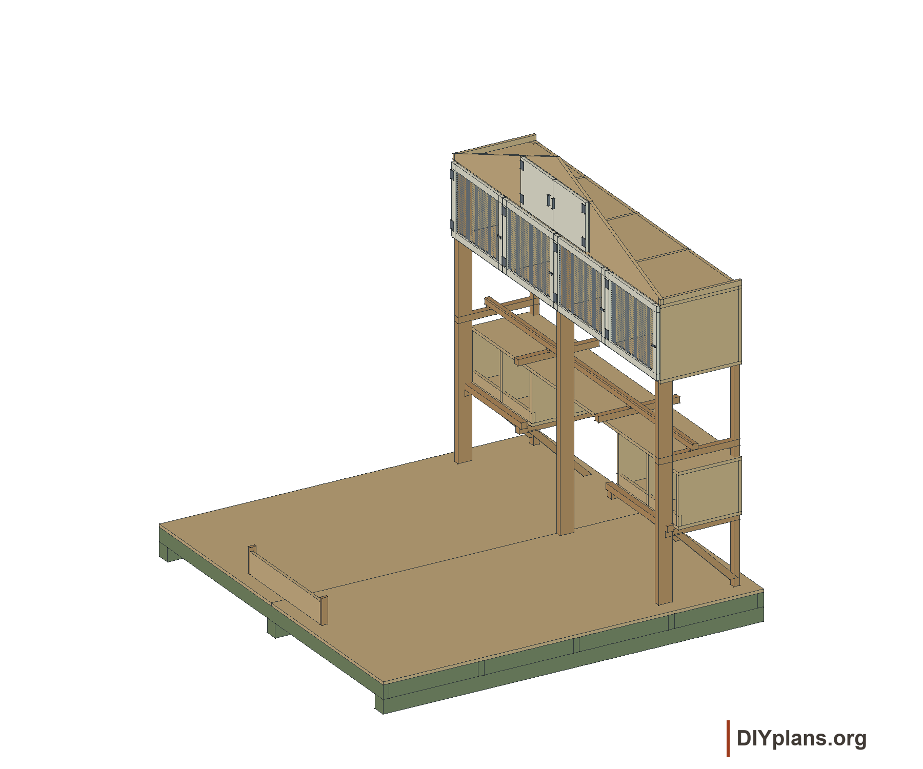 Bantam nests, roost, four wire-front holding coops and upper storage.