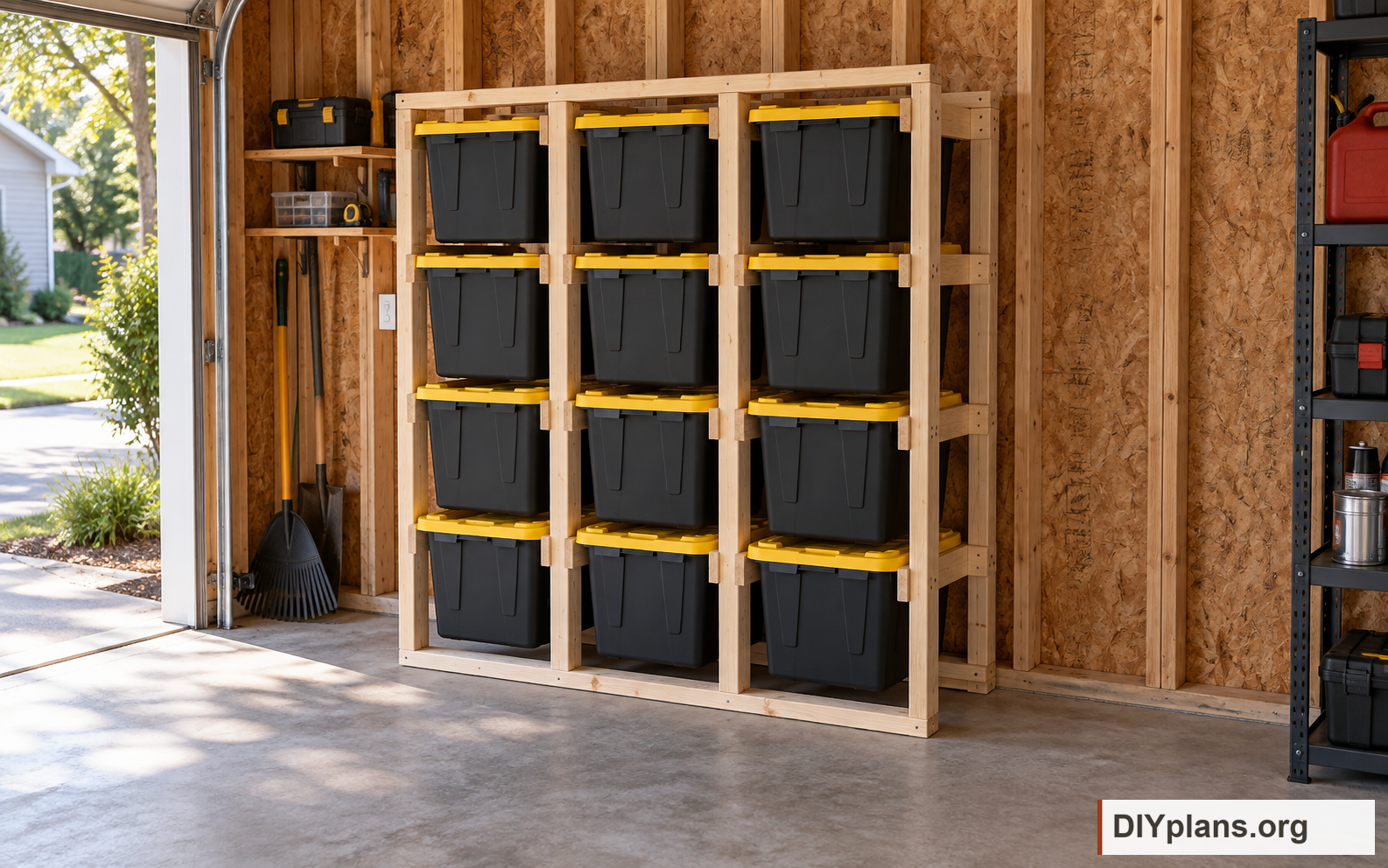 A wall-mounted rack holding twelve totes in a garage. AI Generated from CAD files for inspiration